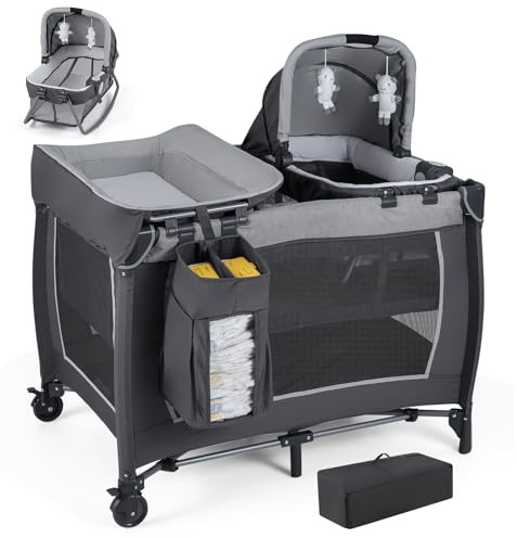 COSTWAY 5 in 1 Beistellbett Baby, Reisebett mit Matratze, Kinderreisebett inkl. Wickelauflage, Babywiege & Spieluhr, Stubenwagen mit Rollen, Babybett für Baby bis 36 Monaten (Grau)