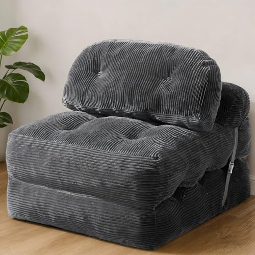 Faltbares Schlafsofa Schlafsessel, 4-in-1 Sitzsack-Sofa Relaxsessel, Spielsofa mit Kissen, Klappsofa mit Rückenstütze, Cord-Stoffbezug Sessel Schlafcouch Ideal für Wohnzimmer & Schlafzimmer(Anthrazit)