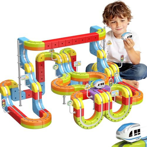 Electric Train Set for Kids,141PCS 3D Cube Track with Train & Traffic Signs