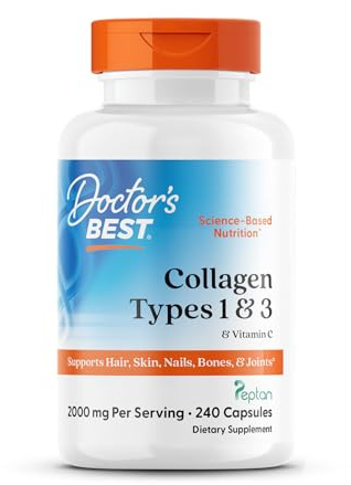 Doctor's Best Collagen Types 1 & 3 with Vitamin C, Non-GMO, Gluten Free, Soy Free, Supports Hair, Skin, Nails, Tendons & Bones, 500 mg, 240 Caps (DRB-00263)