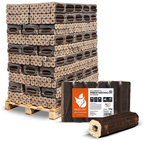 HEIZFUXX Holzbriketts Pinikay Hartholz Octagon 10kg x 96 Gebinde 960kg / 1 Palette Hartholzbriketts Kaminbriketts Ofenbriketts Brennholz Brikett Gluthalter Briketts Paligo