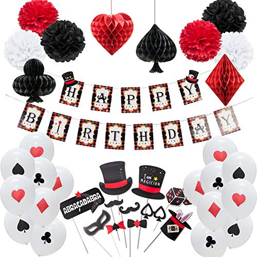 Easy Joy Casino Deko Geburtstag Party Mottopary Happy Birthday Girlande Spielkarten Luftballon Fotorequisiten Pompons Schwarz Rot Spielkarte für Geburtstag Poker Themenparty Dekorationen