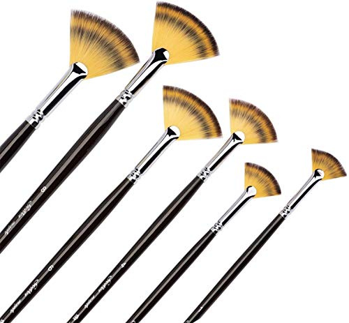 Fan Paint Brushes, Golden Maple 6 PCS Artist Painting Brush Set Soft Anti-Shedding Nylon Hair Wood Long Handle for Acrylic Watercolor Oil Painting