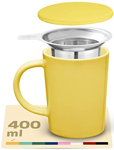 Cosumy Tazza di Ceramica con Filtro e Coperchio - 400ml Grande - Con Manico - Lavabile in Lavastoviglie - Per Tè e Infusi (Giallo Canarino)
