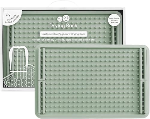 ezpz Drying Rack (Sage) - Silicone Dish Drying Rack with Suction Base - Adjustable Pegs - Odor-Resistant - Dry + Store Baby/Toddler Gear