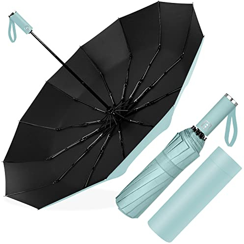 Poligono Paraguas Plegable Automático, Paraguas Plegable Antiviento, Paraguas Grande 12 Varillas para Hombres Mujer, Diámetro 105cm (Verde Menta)