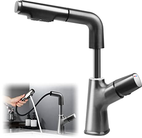 HOIIME Wasserhahn Bad Waschtischarmatur mit Ausziehbar Brause, Hebetyp Waschbecken Armatur 2 Strahlarten, Moderne Einhebelmischbatterie aus Grau Messing mit Warm- und Kaltwasser