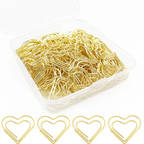 luckaide Büroklammern Herz Gold, 100 Stück Büroklammer, Goldene Büroklammern Groß, Büroklammern Motiv, Paper Clips mit Transparentbox für Büro, Klassenzimmer, Aktenklammer Dekorative Postkarten