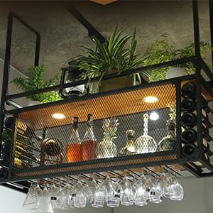 Ddasam Deckenregal Hängende Lagerregale Schwarz, Decke Weinglasregale, Eisen Massivholz Weinregal, Schwimmende Regale Für Küchenbar Restaurant