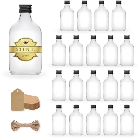 20x Botellas de Vidrio 250ml Estilo Petaca con Tapón de Corcho + 20 Etiquetas Kraft + Cuerda - Frasco para Whisky, Ron, Licor - Petacas de Bolsillo para Bebidas Espirituosas