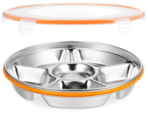 Garneck Assiette Divisée En Acier Inoxydable Avec Couvercle Plateau De Contrôle Des Portions À 6 Compartiments Plateau De Service Rond Plat Bariatrique Pour Les Mangeurs Difficiles