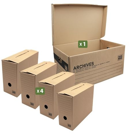 Pack and Move - Lot de 4 boites archives Taille M - 54 x 36 x 28 cm - Caisse de stockage incluse