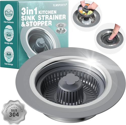 XLMSPORTS 3 in 1 Kitchen Sink Drain Strainer and Stopper Combo, 304 Stainless Steel Pop-up Kitchen Drain Stopper with Strainer Basket, Fast Drainage Kitchen Sink Plug for Standard 3-1/2 Inch Drain
