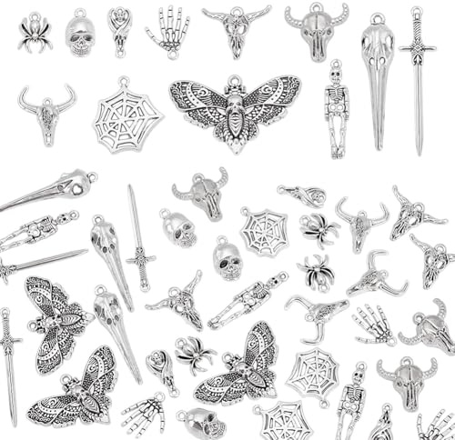 arricraft 36 Stück Gothic Halloween Totenkopf Anhänger 12 Stile Charms Aus Antiker Silberlegierung Im Tibetischen Stil Spinnennetz Anhänger Für Die Herstellung von DIY Armbändern Ohrringen