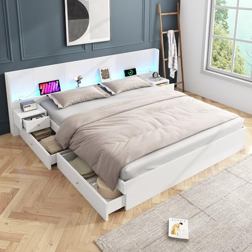 Gegtuon Doppelbett Holzbett 180x200 cm mit 2 Nachttischen und LED-Licht, USB-Stauraumbett Bett Bettgestell mit 2 Stauraum Schubladen und Kopfteil, Funktionsbett mit Lattenrost, ohne Matratze, Weiß