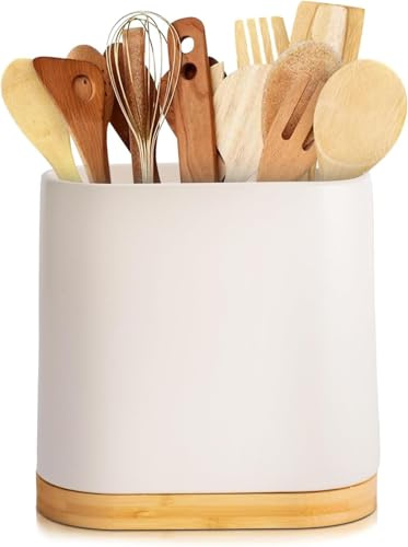 Küchenutensilien-Halter, Keramik mit Bambusbasis – Eleganter und minimalistischer Arbeitsplatten-Organizer – Aufbewahrung für Spatel, Löffel und Besteck – Leicht zu reinigen – Ideal für Küchen