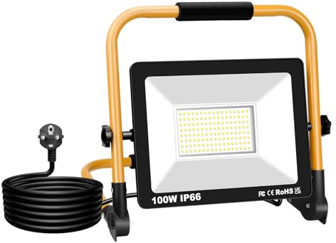 YOJZMA Faretto LED da Cantiere, 100W 10000LM Portatile Faro LED con Spina | Staffa Pieghevole, Rotazione 360°, 6000K Bianco, IP66 Impermeabile, Lampada Lavoro per Cantiere Officina Garage Industriale