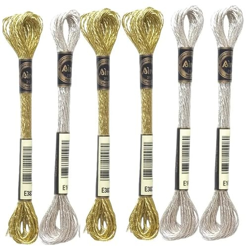 6 Stück Sticktwist Kreuzstichfäden, 8m Stickgarn Gold Metallic, 12-fädiges Stickgarn Set in Goldfarbe für Bastelarbeiten, Kreuzstich, Nähprojekte und kreative Handarbeiten mit Faden Fee Nadel