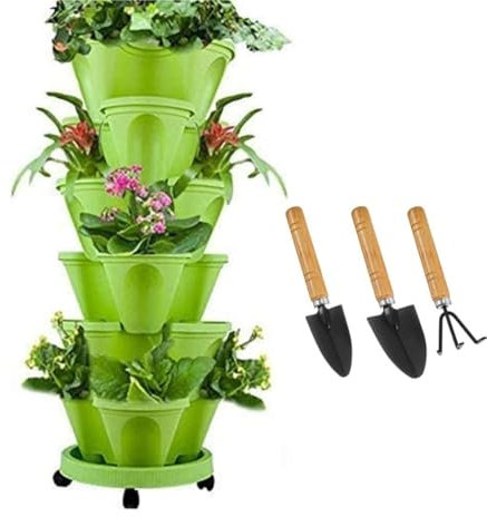 Sthrucrack Fioriera impilabile, giardino verticale a torre, set di fioriere verticali utilizzate per fragole, erbe aromatiche e fiori (Verde, 6 livelli)