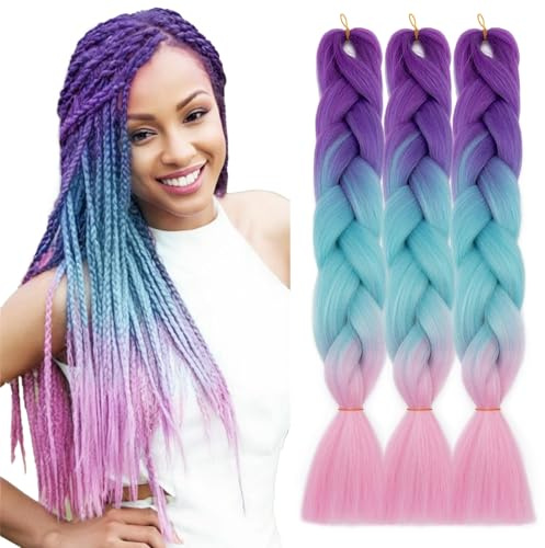 TESS 60 cm Extension per Treccine Africane Viola Scuro/Azzurro/Rosa Chiaro, Extension Capelli Treccine 1 pcs Pezzi Jumbo Treccia (100g/Pezzi) Capelli Finti per Treccine