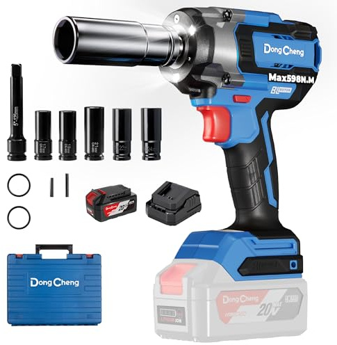 Dong Cheng 20V Brushless Impact Wrench, 800 N.m(590ft-lbs), 1/2 Inch Cordless Impact Gun, 4 Speed Mode & Smart Mode, with 5 Impact Sockets, Extension Bar, 4.0Ah Battery, and Storage Box