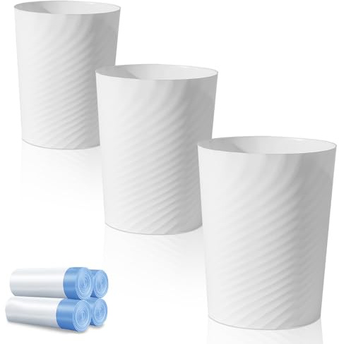 UUJOLY Bathroom Small Trash Can with Trash Bag Plastic Garbage Can Round Waste Basket for Bathrooms, Laundry Room, Kitchens, Offices, Kids Rooms, Dorms, 1.8 Gallons, 3 Pack (White)