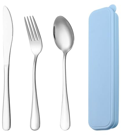 Alwodici 3 Pcs Cutlery Set Reusable Stainless Steel Knife, Fork, Spoon Set Portable Tableware with Blue Case Suitable for Outdoor Activities, Picnics, Travel, Offices, and Schools