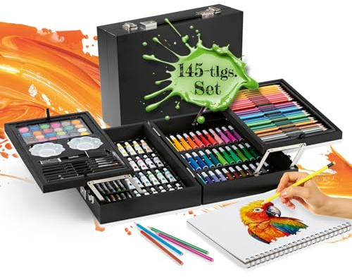 EASYmaxx Valigetta da pittura, 145 pezzi, set da colorare con oggetti da pittura come pastelli, pennarelli, colori acrilici, gessetti a olio, scatola da colorare con set di matite per disegnare e