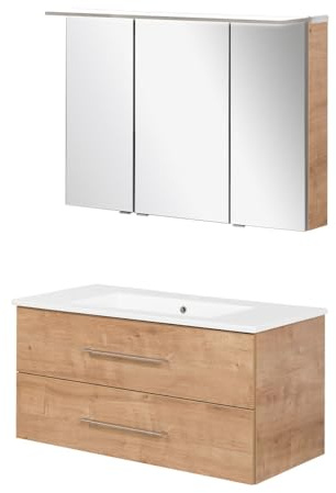 FACKELMANN B.Perfekt 3-teiliges Möbel-Set – Waschtischunterschrank, Keramikbecken & Spiegelschrank, AST Eiche Holzoptik – Made in Germany