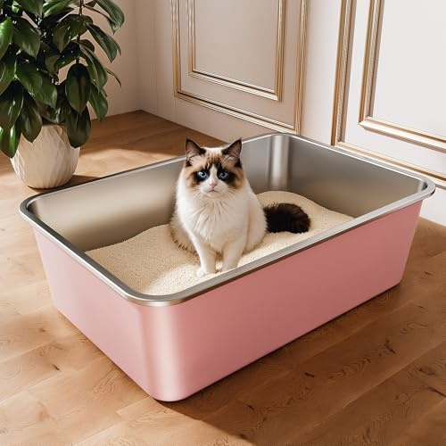 Stor Kattlåda i Rostfritt Stål, XXL Öppen Katttoalett i Metall för Katter i Alla Storlekar och Kaniner, med Non-Stick Yta och Lätt att Rengöra (Rosa, 60x40x20cm)