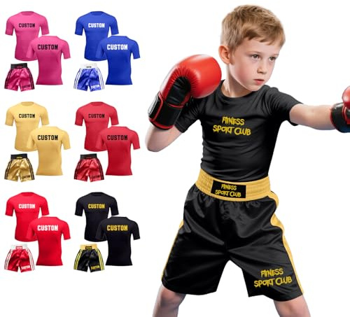Personalised Muay Thai Shorts & T-Shirts Set for Men Kids Boxing Shorts and Boxing T Shirt with Text, MMA Shorts Grappling Shorts for Training, Martial Arts