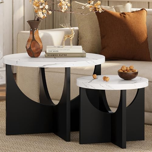LIKIMIO Nesting Coffee Tables Set of 2, 23.6 Small Round Side Tables for Living Room, Wooden End Table, Marble