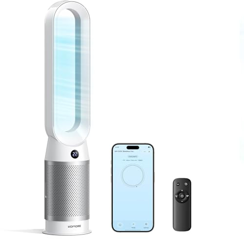 KOMORE 2-in-1 Bladeless Fan & HEPA Air Purifier, Tower Fan with 8 Speeds, Remote App Control, 35dB Silen DC Motor, 80°Oscillating, 9H Timer, Floor Cooling Fans for Bedroom, Living Room, Office