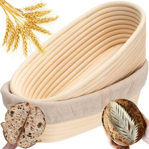 Ovales Gärkörbchen-Set (25x15x8 cm) mit Leinenhaube – Handgeflochtener Rattan-Gärkorb für Brotteig bis 1,5 kg, Gärkörbchen für Brot Backen, Brotgärkorb für Sauerteig- und Hefebrote