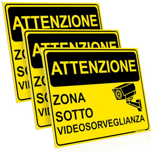 PRINTIMA 40x30 cm set 3 targhe Attenzione Zona Sotto Videosorveglianza gialle, cartelli di avviso per casa, negozio e azienda con set di montaggio incluso pratico