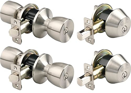 BRINKS - Bell Style Keyed Entry Door Knob and Single Cylinder Deadbolt Set, 2-Pack - Keyed Alike, Satin Nickel