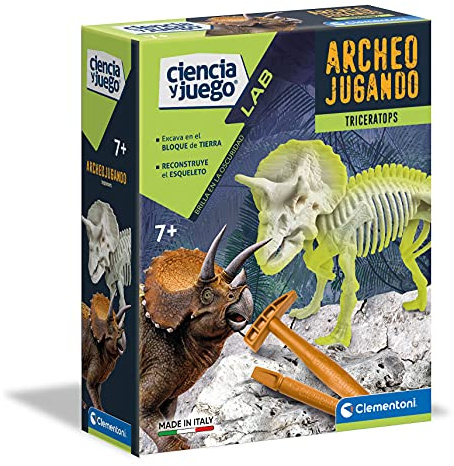 Clementoni - Archäospielende Triceratops phosphoreszierend - wissenschaftliches Spiel zum Graben und Reiten von Dinosauriern ab 7 Jahren, Spielzeug auf Spanisch (55031)