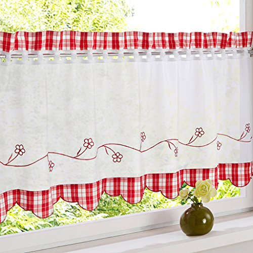 HongYa Bestickte Scheibengardine Halbtransparente Küche Kleinfenster Gardine mit Karo-Muster H/B 30/90 cm Rot