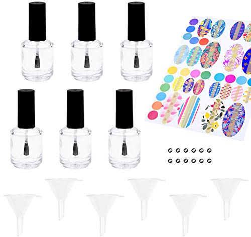 Empty Nail Polish Bottles with Dupont Brushes - Set of 6 - Clear Transparent Glass - Including Funnels (for Easy Filling) and Mixing Balls (for Better Mixing Results) - Make Your Own Nail Polish