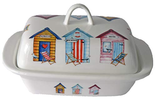 crackinchina Beach hut pattern butter dish - Fun beach hut pattern on white porcelain butter dish decorated on lid and sides