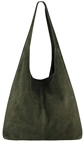 OBC Made IN Italy Damen Leder Hand-Tasche METALLIC Shopper Schultertasche Hobo-Bag Henkeltasche Beuteltasche Silber