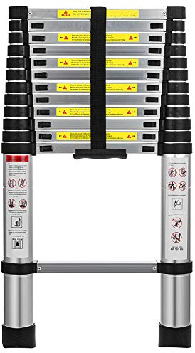 3.8M/12.5FT Extendable Stainless Steel Ladders Telescopic Folding Portable Ladder with Stabiliser Bar and EN131 Certificated,Weight Capacity : 330Lbs(150kg)