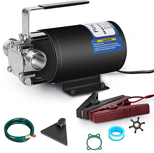FLOWPAC 12V Water Pump 1/10 HP 330 GPH Water Transfer Pump With 3/4 inch Ports Suction Hose And Spare Parts Electric Water Pump Utility Pump-Black
