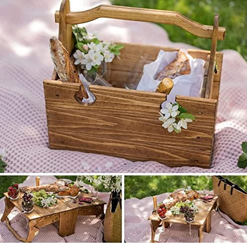 Kikioo Faltbarer Picknickkorb, tragbarer Picknicktisch aus Holz, Faltbare Brotdose mit Griff, zusammenklappbarer Tischaufbewahrungskorb aus Holz für Camping Wandern Angeln Reise Garten