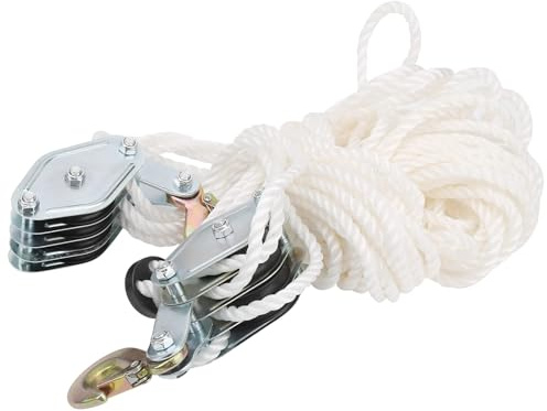 Cable Pulley Set, Heavy Duty 4000LB Load Hoist Lifting System for Construction Sites Garages Galvanized Steel 7 1 Ratio 20m Nylon Rope 2 5m Lift Hook Block