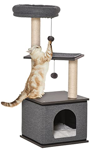 PawHut Árbol para Gatos 40x40x104 cm Torre para Gatos con Cueva de Fieltro Desmontable Postes Rascadores de Sisal Cama Superior Cojines Extraíbles y 2 Bolas de Juguete Gris