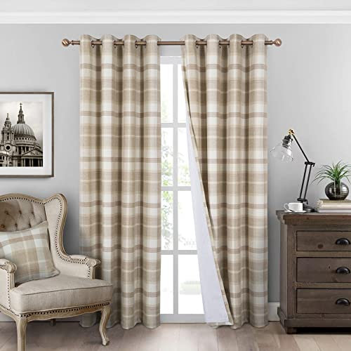 always4u 100% Blackout Curtains Check Eyelet Curtain Bedroom Plaid Woven Brushed Cheque Pair of Highland Woolen Look Window Treatment for Living Room Beige 66 * 72 Inches