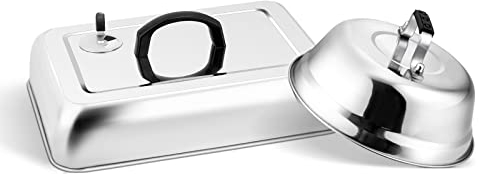 Leonyo - 2 cupole di fusione per piastre, copertura rettangolare da 33 cm con sfiato regolabile, coperchio rotondo in acciaio inox da 22,9 cm, per formaggio, barbecue, copertura per vapore in metallo