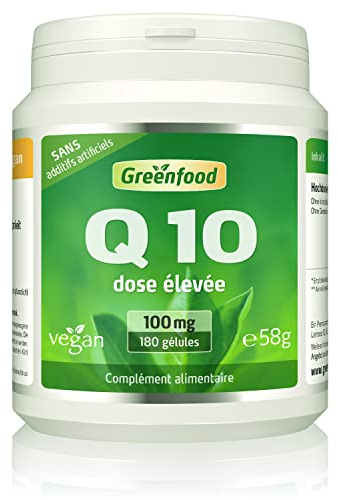 Greenfood Coenzyme Q10, 100 mg, dose élevée, 180 gélules - produites par fermentation naturelle. SANS additifs artificiels, sans génie génétique. Vegan