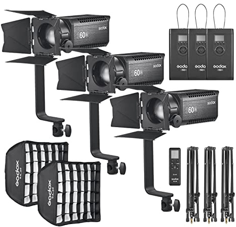 Godox S60Bi-K3 3-Light Kit with 3 * Focusing LED Video Lights + 3 * Light Stands + 2 * SA-30 Softbox + 1 * SA-P Projection Attachment + 1 * Remote Control for Live Streaming Recording